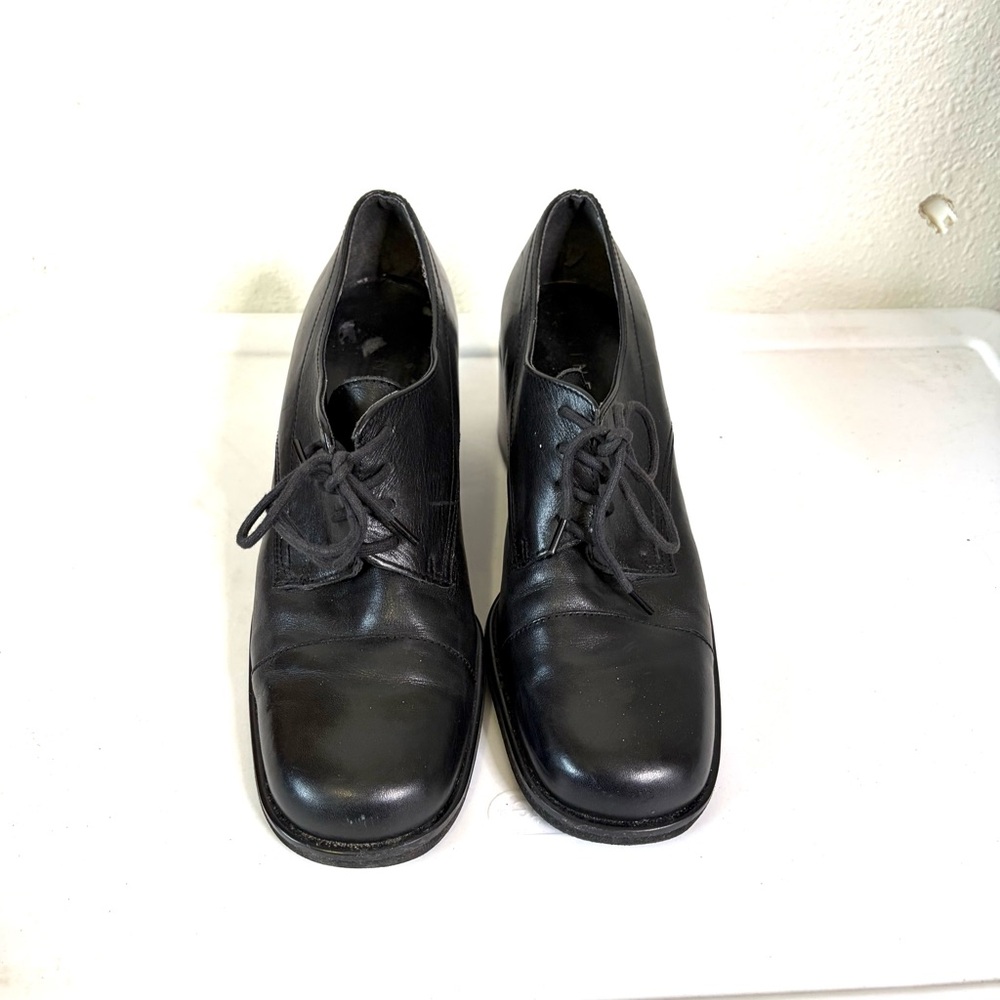 Nine West Black Leather Lace-Up Block Heel Oxfords 7.5 90s academia shoes